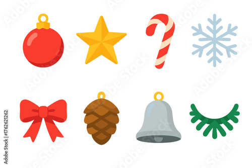 Christmas Ornaments flat icons: glass bauble, golden star, candy cane, snowflake, red ribbon, pinecone, silver bell, green garland. , , High resolution, sharp vector-like