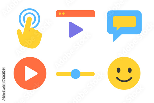 Interactive Content flat icons: touchscreen hand, multimedia window, chat response, video icon, progress slider, emoji face. , , High resolution, sharp vector-like appearance,