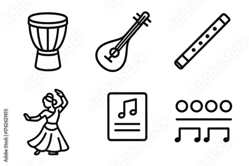 Traditional Music outline icon set: drum, string instrument, flute, dancer, sheet music, rhythmic pattern. , , High resolution, sharp vector-like appearance, ideal for UI and web