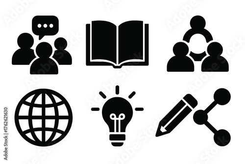 Collaborative Learning silhouette set: group chat, book, teamwork symbol, shared laptop, globe, idea light, pencil, connected dots. , , High resolution, sharp vector-like