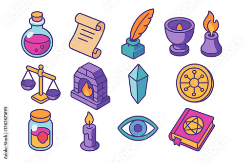 Ancient Alchemy Collection flat isometric set: potion bottle, scroll, quill, crucible, balance scale, furnace, crystal shard, astrological chart, sealed jar, candle flame, eye
