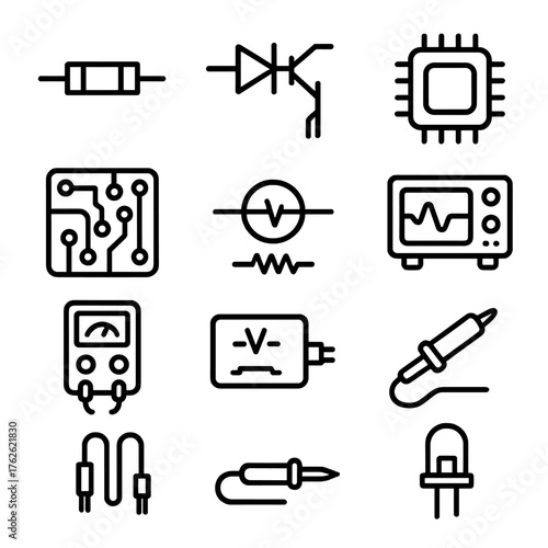 Electronics voltage outline icon set: resistor, diode, transistor, microchip, PCB, circuit diagram, oscilloscope, capacitor, multimeter, power supply, soldering iron, LED.