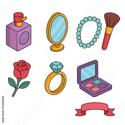 Beauty & Elegance flat isometric set: perfume bottle, mirror, pearl necklace, makeup brush, rose, ring, eyeshadow palette, ribbon.