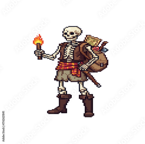 pixel art skeleton explorer undead warrior cursed dungeon adventurer