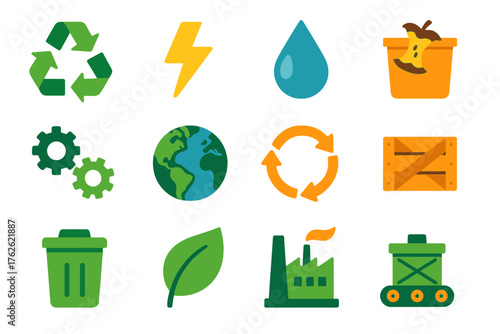 Resource Recovery flat icons: recycling loop, energy bolt, water droplet, compost bin, gears, globe, arrows cycle, crate, trash icon, leaf, factory, conveyor.