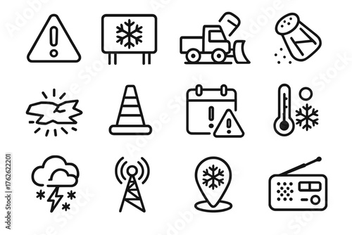 Winter Weather Alerts Utility Set outline icon set: warning icon, road closure sign, snowplow, salt shaker, icy surface, traffic cone, calendar alert, temperature sensor, storm