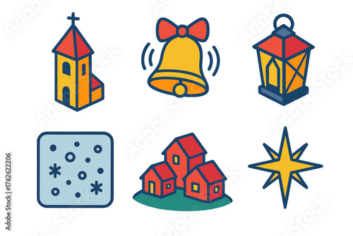 Christmas Eve flat isometric set: church tower, ringing bell, lantern, falling snow, peaceful village, shining star.