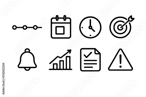 Project Deadlines outline icon set: timeline chart, date icon, clock ring, goal tracker, task reminder, progress chart, completion check, urgency symbol.
