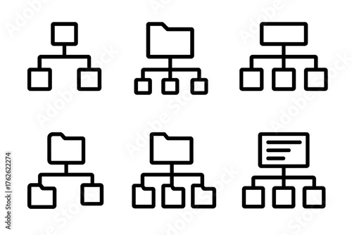 Hierarchical Data Models outline icon set: tree structure, parent node, child node, connection line, folder icon, data hierarchy chart.