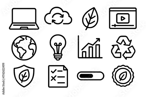Digital Eco Education outline icon set: laptop, cloud sync, green leaf, online course, video lesson, earth globe, lightbulb, data chart, recycle icon, eco badge, quiz icon,