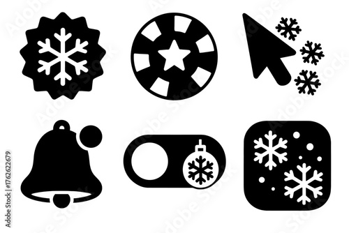 Seasonal UI Elements silhouette set: winter badge, festive loader, snow trail cursor, bell alert, ornament toggle, frosty navigation icon.