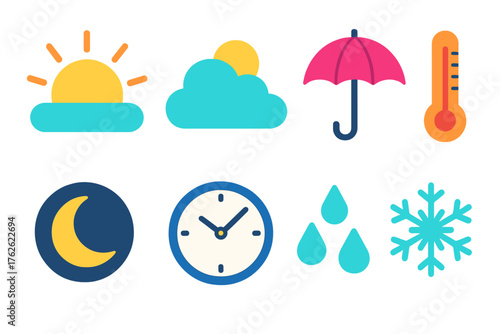 Daily Weather flat icons: sunrise, partly cloudy sky, umbrella, temperature scale, moon phase, clock, raindrops, snowflake.
