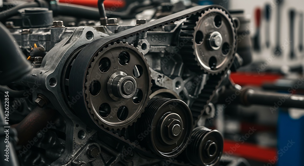 Fototapeta premium Close-up of a Car Engine with Timing Belt and Gears.