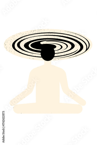 Figure in meditation achieving cosmic consciousness, with a swirling galaxy wormhole opening above their head. Abstract sci-fi vector for spiritual awakening or astral travel.