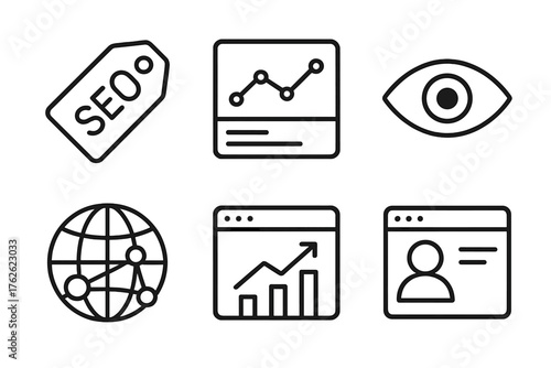 Web Exposure Set outline icon set: seo tag, analytics graph, visibility eye, trending bar, globe network, web profile.