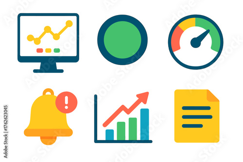 API Monitoring flat icons: dashboard graph, status indicator, performance gauge, alert bell, traffic chart, log file.