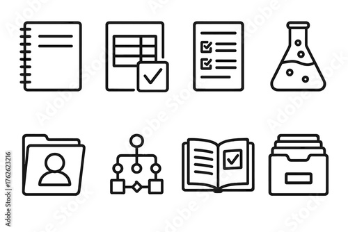 Peer Review Papers outline icon set: science notebook, data sheet, review checklist, lab beaker, research folder, citation graph, open report, study archive.