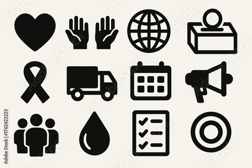 Humanitarian Aid silhouette set: heart icon, hands, globe, donation box, ribbon, truck, calendar, megaphone, people group, water drop, checklist, coin.