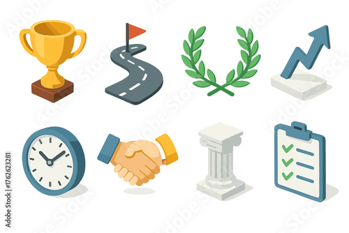 Dedication set icons in modern isometric flat vector style: trophy, road path, laurel wreath, rising arrow, clock, handshake, pillar, checklist.