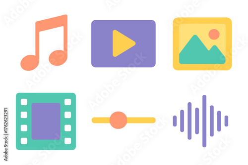 Media file share flat icons: music note, video play, photo frame, film strip, slider, waveform.