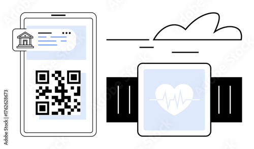 Smartphone displaying QR code with banking icon beside smartwatch showing heart rate. Ideal for technology, fintech, health, payment, fitness, innovation, connectivity. Simple flat metaphor