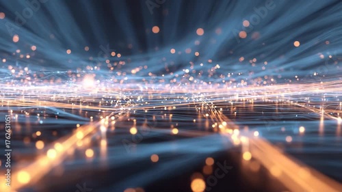 Abstract digital illustration of glowing particles and light trails creating a vibrant atmosphere