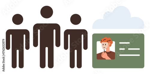 Three brown human figures, ID card with photo and lines, and a cloud backdrop. Ideal for teamwork, identification, collaboration, community, networking organization digital identity. Simple flat