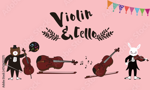 Cute Animal Violin & Cello Musicians – Bear & Rabbit Duo | Kids Music Poster Vector (EPS)