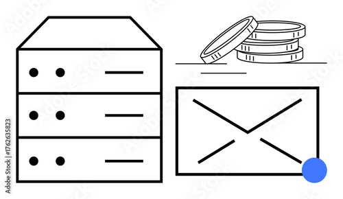 Stack of server racks, envelope icon with notification dot, and coins symbolizing data storage, email services, and financial transactions. Ideal for technology, communication, finance, cloud