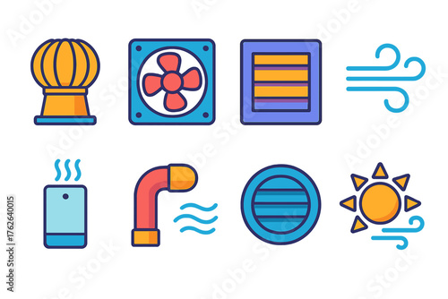 Ventilation flat icons: roof turbine, industrial fan, wall vent, flowing wind, air purifier, exhaust pipe, circular vent, sun with breeze.