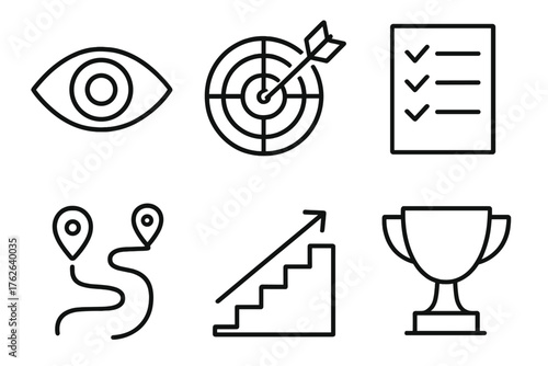 Focused effort outline icon set: eye, dartboard, checklist, path, staircase, trophy.