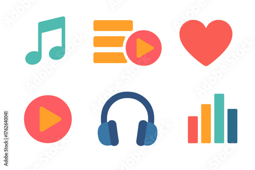 Music Playlists flat icons: music note, playlist icon, heart, play button, headphones, equalizer bars.
