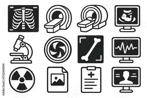 Medical Imaging set of icons in doodle hand-drawn vector style: X-ray, MRI scanner, CT scan, ultrasound machine, microscope, camera lens, bone image, monitor display, radiation