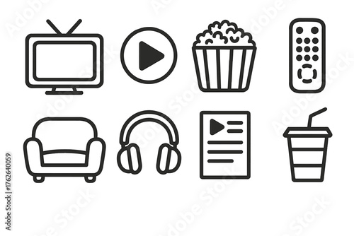 Streaming Night set of icons in doodle hand-drawn vector style: TV screen, play button, popcorn bowl, remote control, couch, headphones, movie list, soft drink.