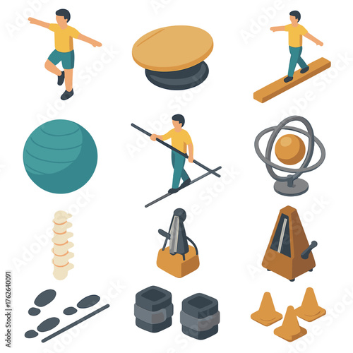 Physical balance training set icons in modern isometric flat vector style: one-leg pose, balance board, wobble cushion, beam walk, pilates ball, tightrope pole, gyroscope,