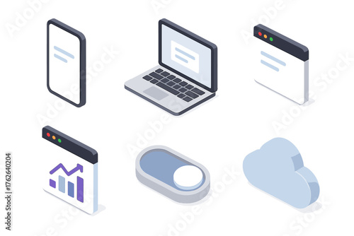 Digital zoom out set icons in modern isometric flat vector style: smartphone, laptop, app window, chart, toggle switch, cloud.