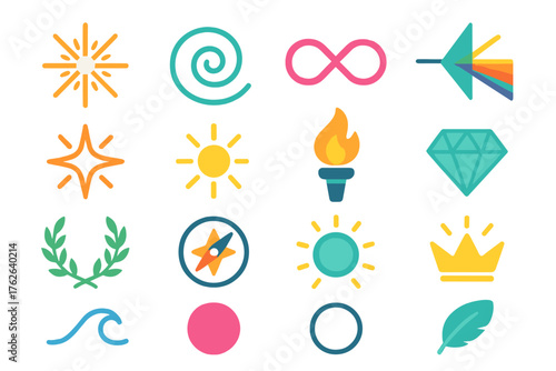 Symbolic Light Meter flat icons: radiant spark, spiral, infinity loop, prism, star, sun, flame, torch, diamond, laurel wreath, compass, glowing aura, crown, wave, circle, feather.