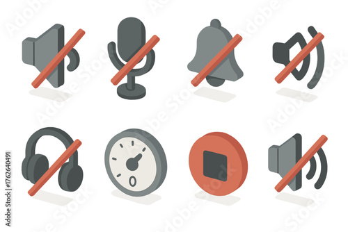 Mute basics set icons in modern isometric flat vector style: speaker with slash, microphone with slash, crossed-out bell, no sound waves, headphone mute, volume knob at zero, stop