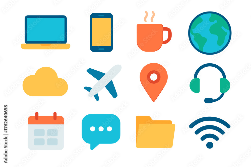 Work from Anywhere flat icons: laptop, phone, coffee mug, globe, cloud, airplane, map marker, headset, calendar, chat bubble, folder, wifi signal. , , High resolution, sharp vector