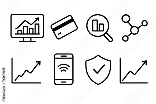 Payment Intelligence outline icon set: chart display, card swipe, magnifier over data, connected nodes, graph lines, mobile pay, secure shield, rising trend. , , High resolution,