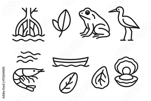 Mangrove outline icon set: mangrove roots, frog, mangrove leaf, tidal water, bird, small boat, shrimp, oyster.
