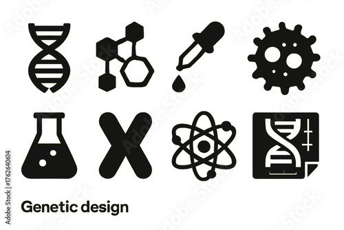 Genetic Design silhouette set: DNA spiral, synthetic molecule, pipette drop, engineered cell, lab beaker, chromosome icon, atom structure, blueprint. , , High resolution, sharp