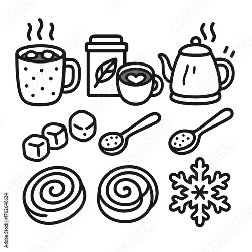 Winter Hot Drinks outline icon set: mug of cocoa, tea leaves tin, hot latte cup, sugar spoon, marshmallows, cinnamon roll, steaming kettle, snowflake cookie. , , High resolution,