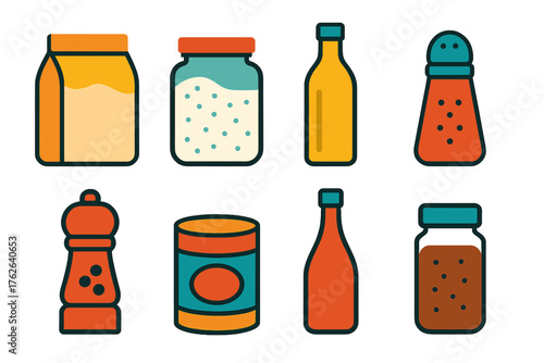 Pantry staples flat icons: flour bag, sugar jar, oil bottle, salt shaker, pepper grinder, canned food, vinegar bottle, spice jar.
