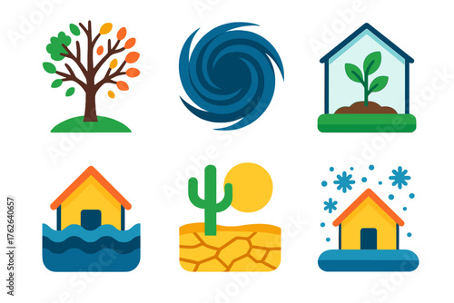 Climate flat icons: four seasons tree, cyclone, greenhouse, rising sea level, dry desert, heavy snowfall.