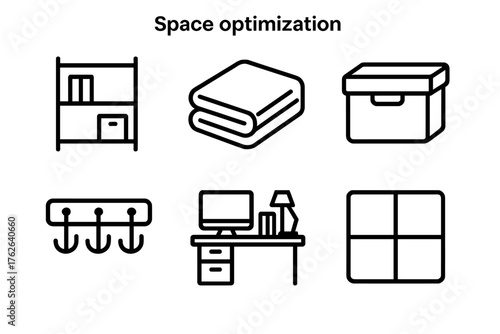 Space Optimization outline icon set: modular shelf, folded fabric, container box, wall hooks, tidy workspace, layout grid. , , High resolution, sharp vector-like appearance, ideal