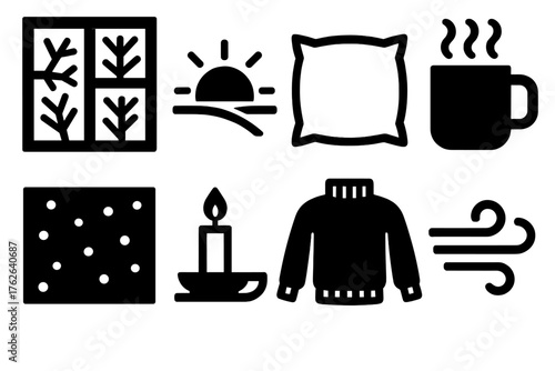 Winter Serene Start silhouette set: window frost, pale sunrise, soft pillow, mug with steam, quiet snow, candle on sill, warm sweater, gentle breeze. , , High resolution, sharp