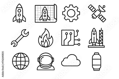 Rocket Engineering outline icon set: rocket, blueprint, gear, satellite, wrench, flame, circuit board, launch pad, globe, astronaut helmet, cloud, fuel tank. , , High resolution,