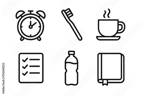Daily Habits outline icon set: alarm clock, toothbrush, coffee cup, checklist, water bottle, journal. , , High resolution, sharp vector-like appearance, ideal for UI and web design