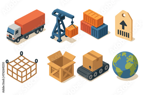 Freight set icons in modern isometric flat vector style: truck trailer, port crane, container stack, shipping label, cargo net, open crate, conveyor belt, globe.
